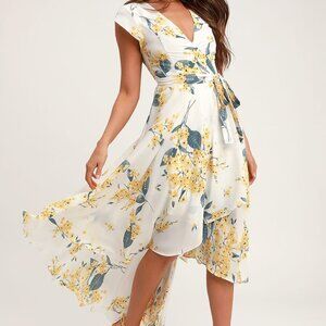 Lulus French Countryside White Yellow Floral Print High-Low Dress Women's Small